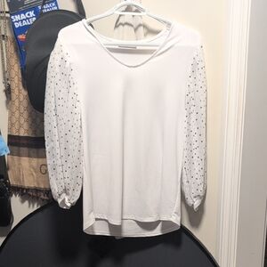 Suzy Shier White Blouse with Black Polka Dot Sleeves